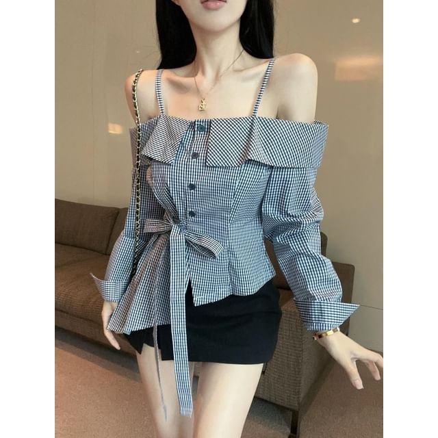 Dragan Pulse-Long-Sleeve Cold-Shoulder Plaid Asymmetrical Sashed Blouse