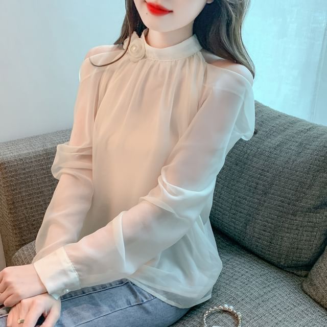 Dragan Pulse-Long-Sleeve Cold Shoulder Plain Blouse