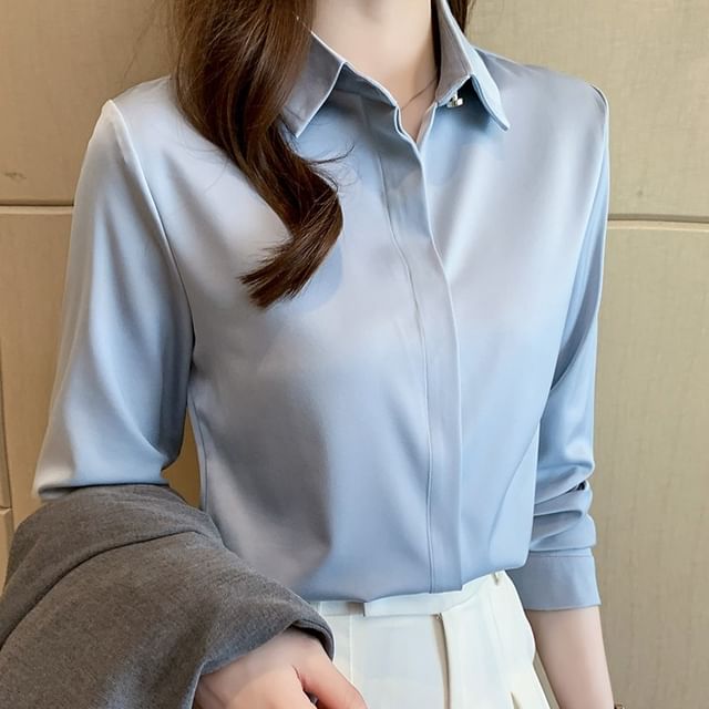 Dragan Pulse-Long-Sleeve Collared Button-Up Plain Blouse