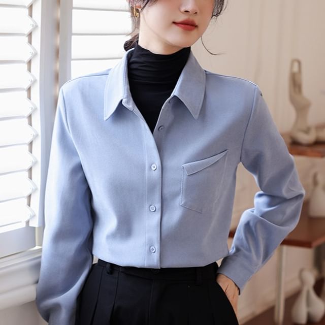Dragan Pulse-Long-Sleeve Collared Button-Up Plain Blouse