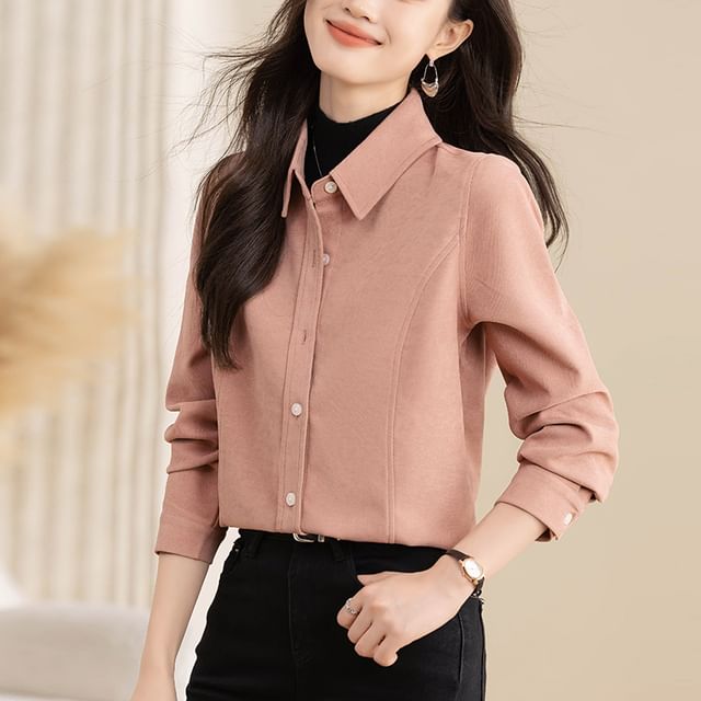 Dragan Pulse-Long-Sleeve Collared Button-Up Plain Blouse