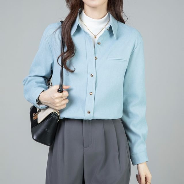Dragan Pulse-Long-Sleeve Collared Button-Up Plain Blouse