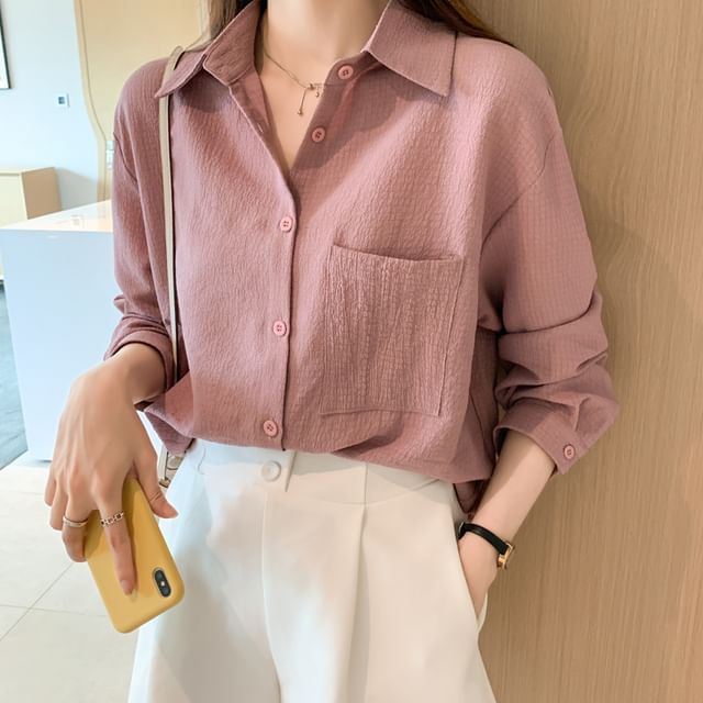 Dragan Pulse-Long-Sleeve Collared Button-Up Plain Blouse