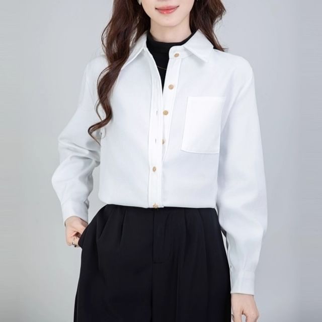 Dragan Pulse-Long-Sleeve Collared Button-Up Plain Blouse