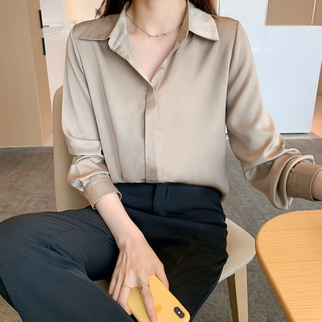 Dragan Pulse-Long-Sleeve Collared Button-Up Plain Satin Blouse