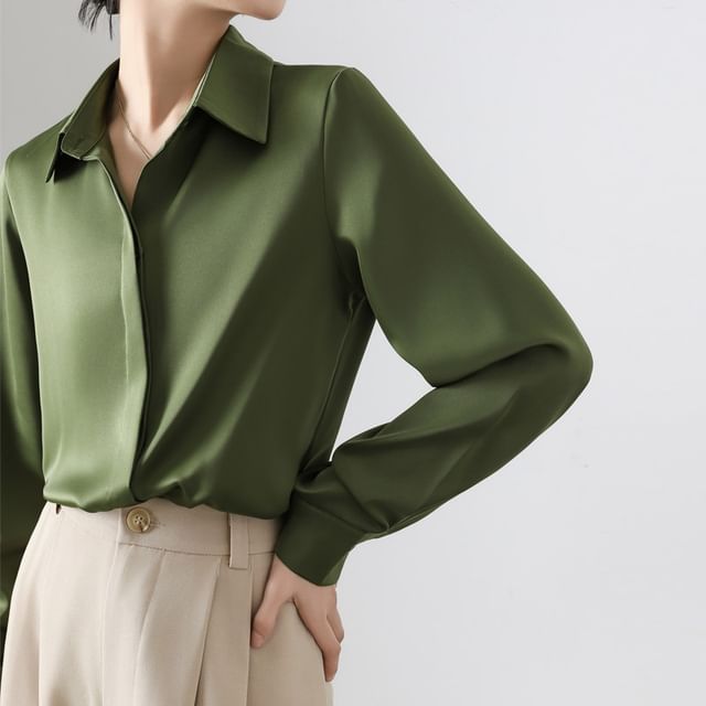 Dragan Pulse-Long-Sleeve Collared Button-Up Plain Satin Blouse