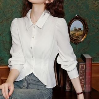Dragan Pulse-Long-Sleeve Collared Button Up Ruched Shirt