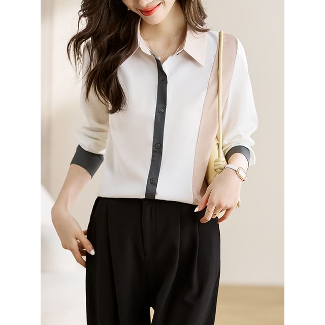 Dragan Pulse-Long-Sleeve Collared Color Block Button Up Shirt