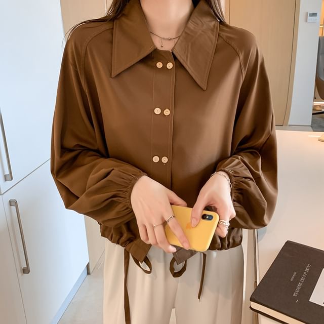 Dragan Pulse-Long-Sleeve Collared Drawstring Double-Breasted Plain Blouse