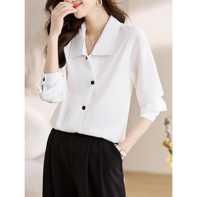 Dragan Pulse-Long-Sleeve Collared Plain Button Up Shirt