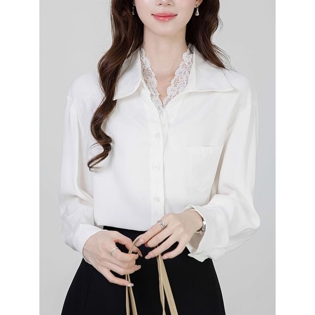 Dragan Pulse-Long-Sleeve Collared Plain Lace Trim Button Up Shirt