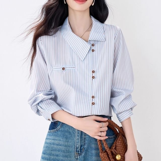 Dragan Pulse-Long-Sleeve Collared Striped Asymmetrical Button Up Shirt