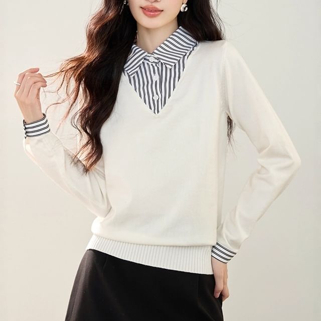 Dragan Pulse-Long-Sleeve Collared Striped Panel Knit Top