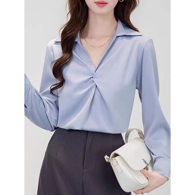 Dragan Pulse-Long-Sleeve Collared V-Neck Plain Twisted Blouse