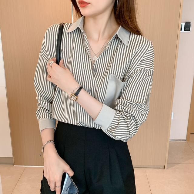 Dragan Pulse-Long-Sleeve Contrast Collar Striped Button-Up Blouse