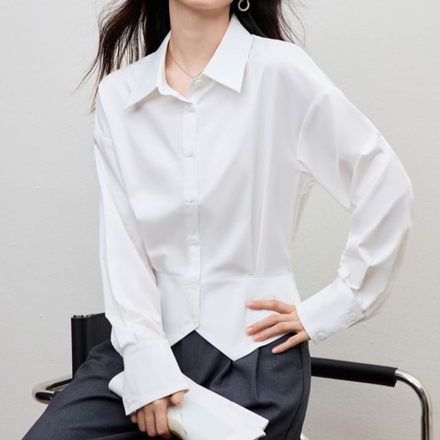 Dragan Pulse-Long-Sleeve Drop-Shoulder Plain Front-Slit Shirt