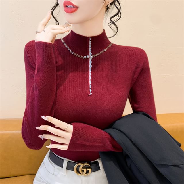Dragan Pulse-Long-Sleeve Mock Neck Half Zip Plain Knit Top