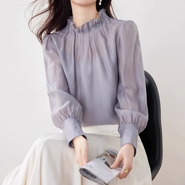 Dragan Pulse-Long-Sleeve Mock Neck Sheer Plain Blouse