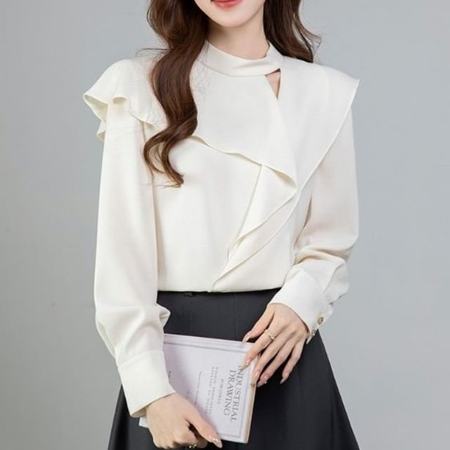Dragan Pulse-Long-Sleeve Plain Asymmetrical Cutout Blouse