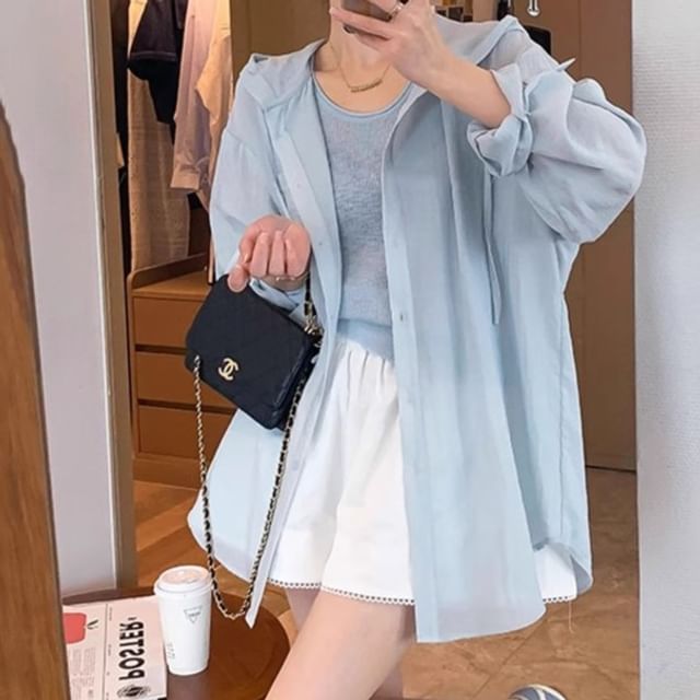 Dragan Pulse-Long Sleeve Plain Hooded Button Top