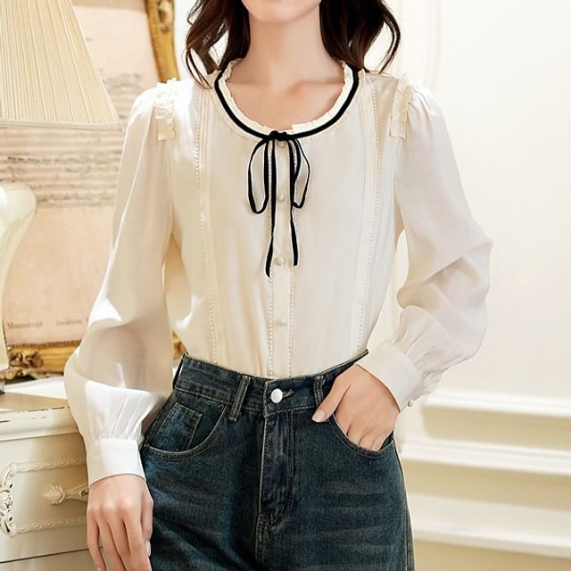 Dragan Pulse-Long Sleeve Round Neck Contrast Trim Button Up Blouse