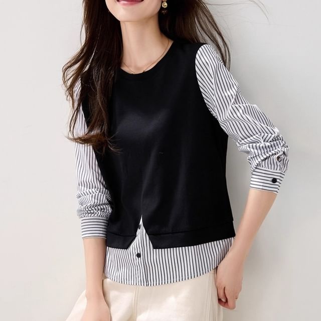 Dragan Pulse-Long Sleeve Round Neck Striped Panel Blouse