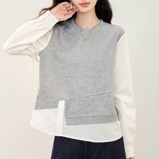 Dragan Pulse-Long-Sleeve Round Neck Two Tone Asymmetrical Buttoned Slit Tee
