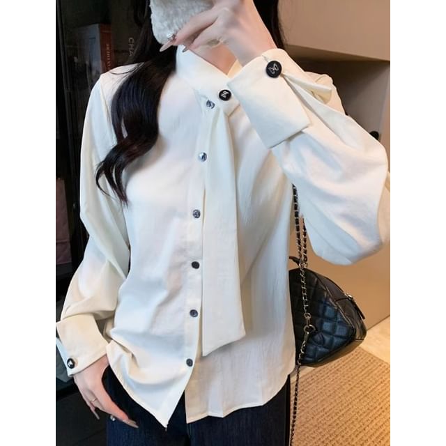 Dragan Pulse-Long-Sleeve Stand Collar Button-Up Plain Blouse