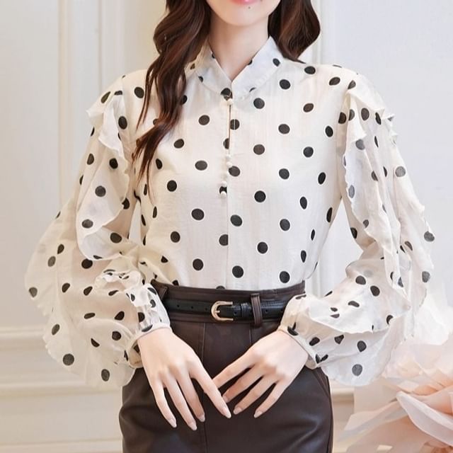 Dragan Pulse-Long-Sleeve Stand Collar Dotted Ruffle Trim Blouse