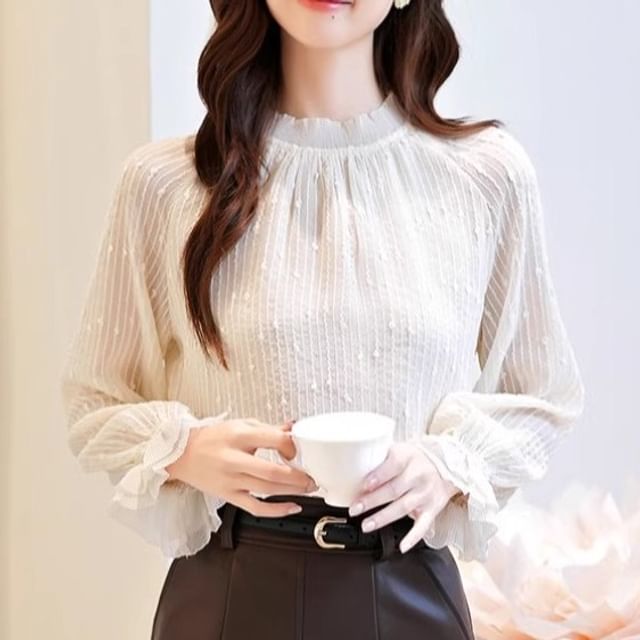 Dragan Pulse-Long-Sleeve Stand Collar Jacquard Blouse