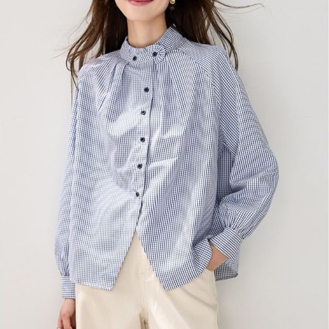 Dragan Pulse-Long-Sleeve Stand Collar Plaid Button-Up Blouse
