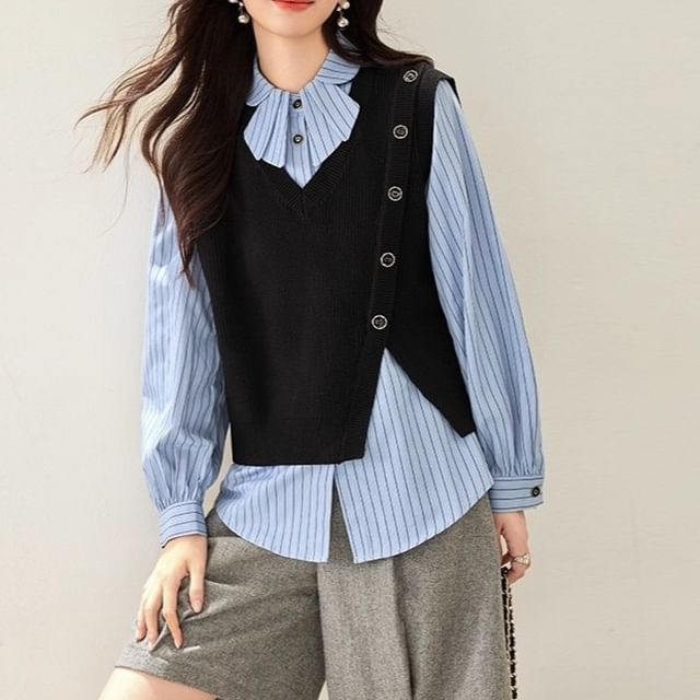 Dragan Pulse-Long-Sleeve Striped Button Up Blouse V-Neck Plain Vest