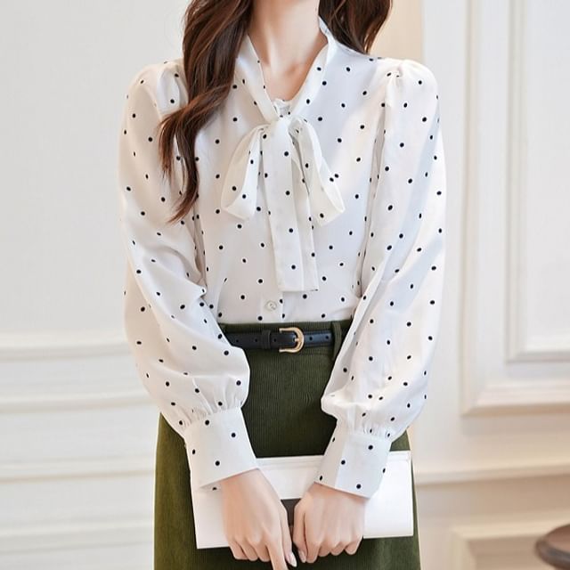 Dragan Pulse-Long-Sleeve Tie Neck Dotted Blouse
