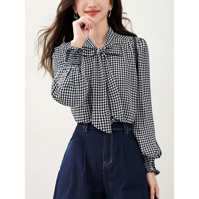 Dragan Pulse-Long-Sleeve Tie Neck Houndstooth Blouse