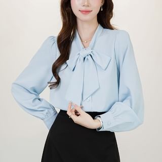 Dragan Pulse-Long-Sleeve Tie Neck Plain Blouse