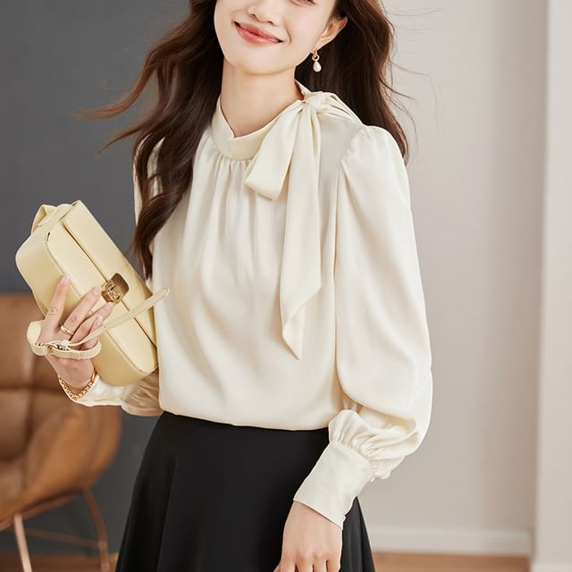 Dragan Pulse-Long-Sleeve Tie Neck Plain Blouse