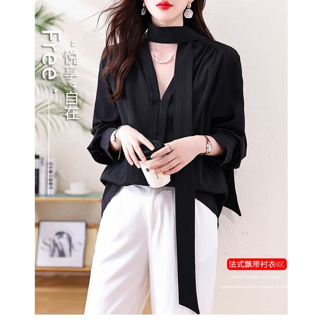 Dragan Pulse-Long-Sleeve Tie Neck Plain Blouse