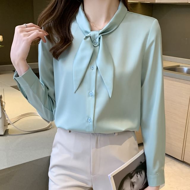 Dragan Pulse-Long-Sleeve Tie-Neck Plain Shirt