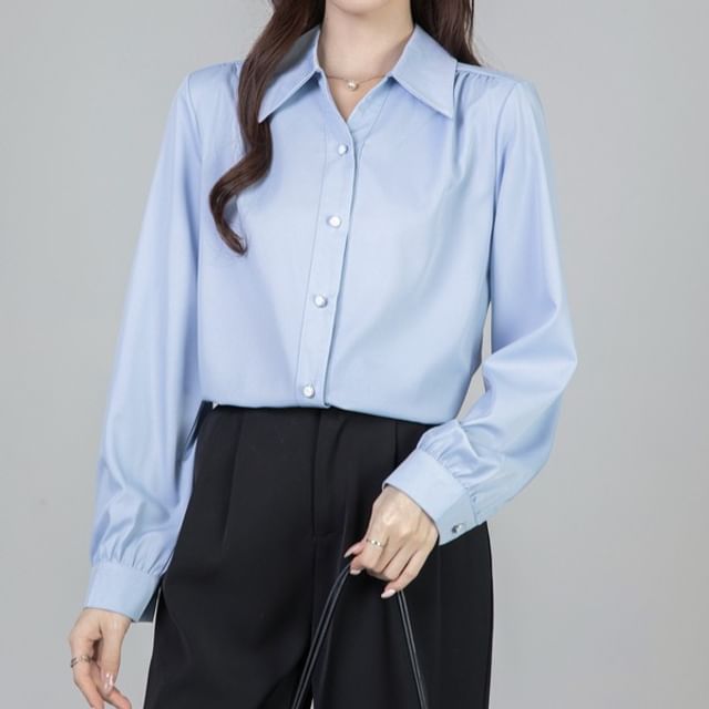 Dragan Pulse-Long-Sleeve V-Neck Collared Button-Up Plain Blouse