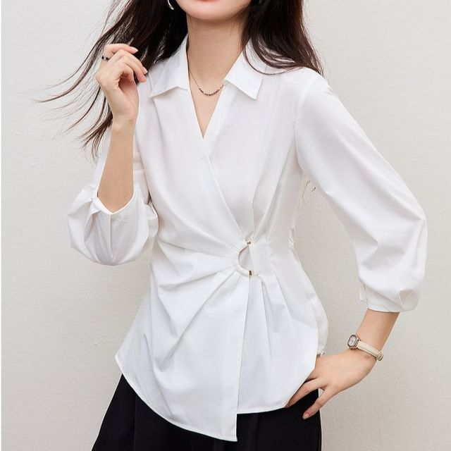 Dragan Pulse-Long-Sleeve V-Neck Collared Plain Wrap Ruched Shirt