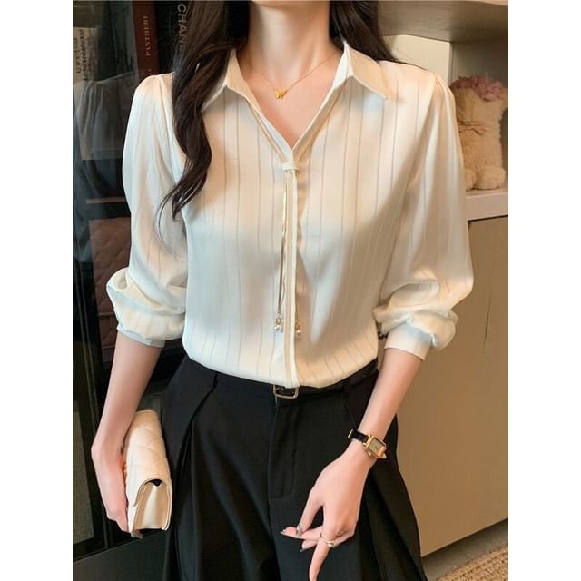 Dragan Pulse-Long-Sleeve V-Neck Collared Striped Satin Blouse