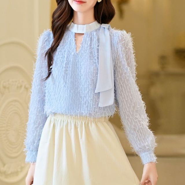 Dragan Pulse-Long-Sleeve V-Neck Keyhole Plain Blouse