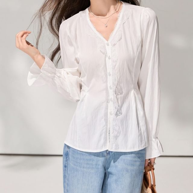 Dragan Pulse-Long Sleeve V-Neck Plain Panel Lace Blouse