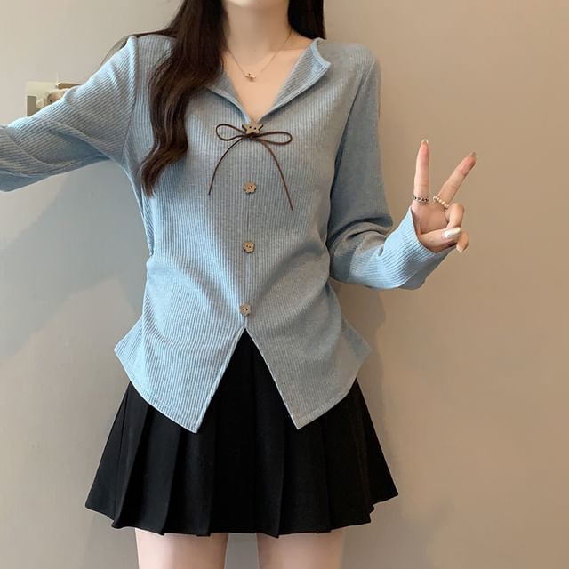 Dragan Pulse-Long-Sleeve V-Neck Plain Ribbed Knit Button Top