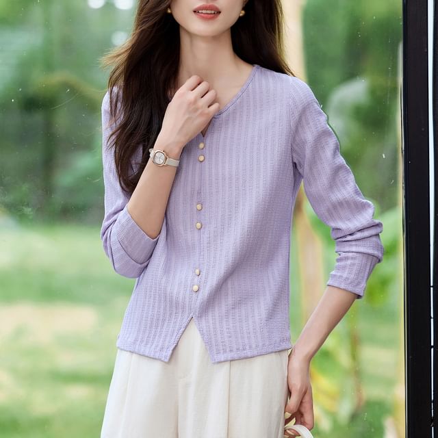 Dragan Pulse-Long-Sleeve V-Neck Plain Ribbed Top