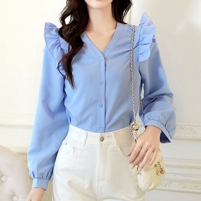 Dragan Pulse-Long-Sleeve V-Neck Plain Ruffle Trim Blouse