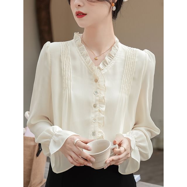 Dragan Pulse-Long-Sleeve V-Neck Plain Ruffle Trim Blouse