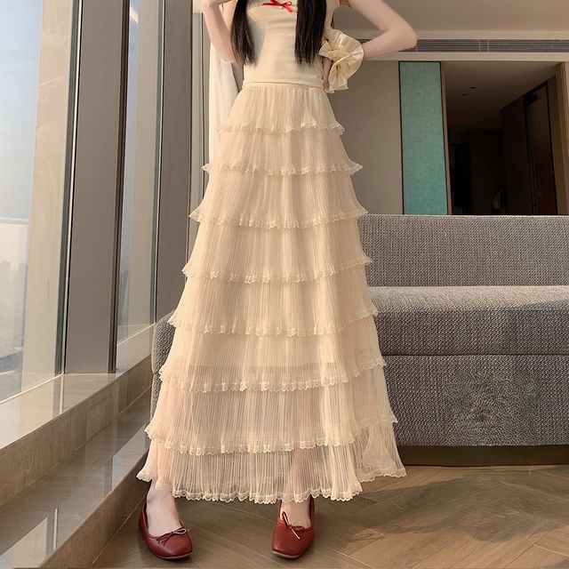 Dragan Pulse-Mid Rise Plain Ruffle Maxi A-Line Skirt