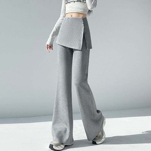 Dragan Pulse-Mid Rise Plain Slit Skirt Overlay Flared Sweatpants