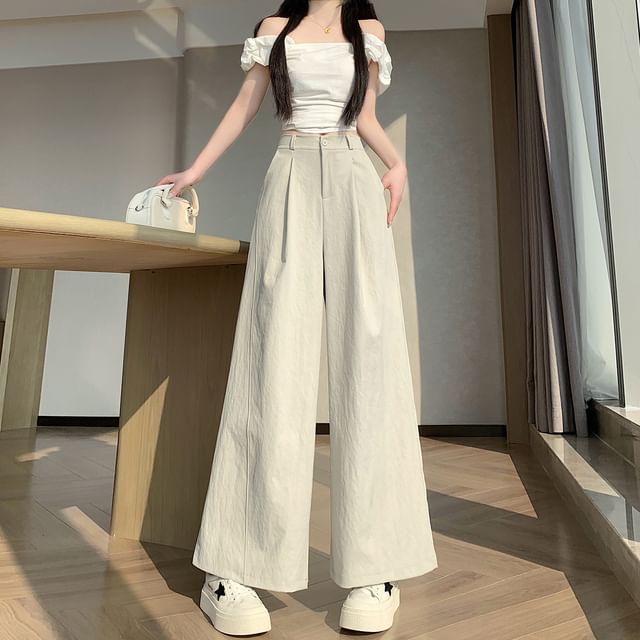 Dragan Pulse-Mid Waist Plain Pleated Wide Leg Pants